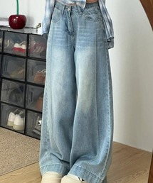 サイドピンタック ハイウエスト バレルレッグ デニムパンツ