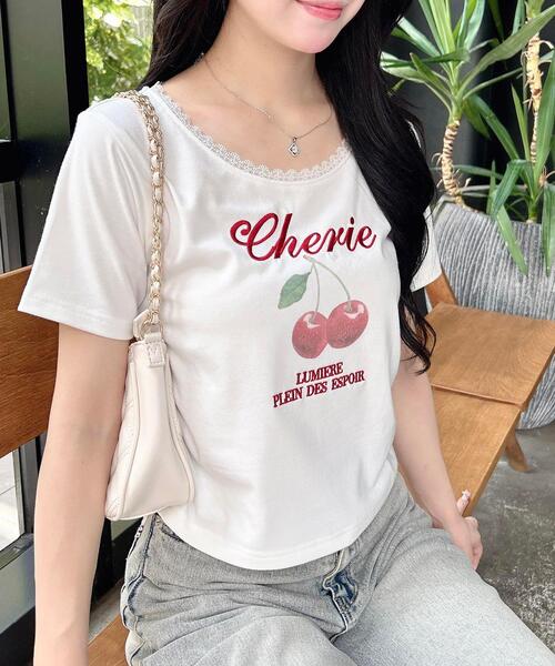 INGNI(イング)の「サイドギャザーレース付チェリーロゴトップス(Tシャツ/カットソー・レディース・ライトピンク/オフホワイト/スミクロ・M)」の2枚目の写真