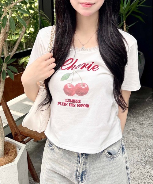 INGNI(イング)の「サイドギャザーレース付チェリーロゴトップス(Tシャツ/カットソー・レディース・ライトピンク/オフホワイト/スミクロ・M)」の16枚目の写真