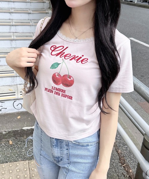 INGNI(イング)の「サイドギャザーレース付チェリーロゴトップス(Tシャツ/カットソー・レディース・ライトピンク/オフホワイト/スミクロ・M)」の4枚目の写真