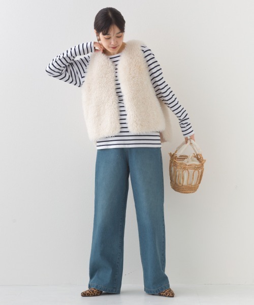 OMNES（オムネス）の「12oz ウォッシュ加工ハイウエストルーズワイドデニムパンツ（デニムパンツ・レディース・ブルー/ネイビー・SMALL/MEDIUM/LARGE）」の4枚目の写真