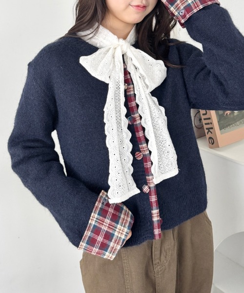 SOLLON.(ソルロン)の「ネルチェックドッキングニットカーディガン(カーディガン/ボレロ・レディース・レッド/ネイビー/グレー/アイボリー・FREE)」の14枚目の写真