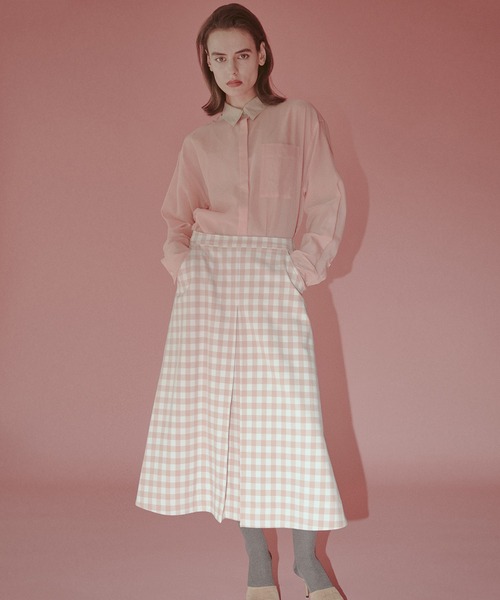 美品　PRADA プラダ　ギンガムチェックスカート　ピンクホワイト　レース　L ギンガムプリントボンディドスカート / Gingham-Print Bonded