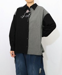 ScoLar(スカラー) ネコの横顔刺繍 ストライプ切替シャツ