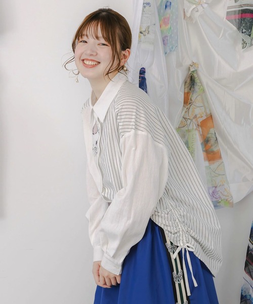 セール】ScoLar(スカラー) ネコの横顔刺繍 ストライプ切替シャツ