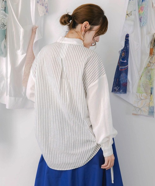 ScoLar(スカラー)の「ScoLar(スカラー) ネコの横顔刺繍 ストライプ切替シャツ(シャツ/ブラウス・レディース・オフホワイト/ブラック・MEDIUM)」の6枚目の写真