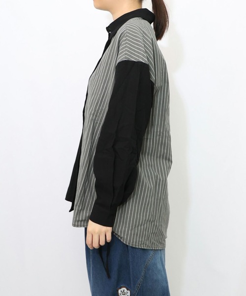 ScoLar(スカラー)の「ScoLar(スカラー) ネコの横顔刺繍 ストライプ切替シャツ(シャツ/ブラウス・レディース・オフホワイト/ブラック・MEDIUM)」の8枚目の写真