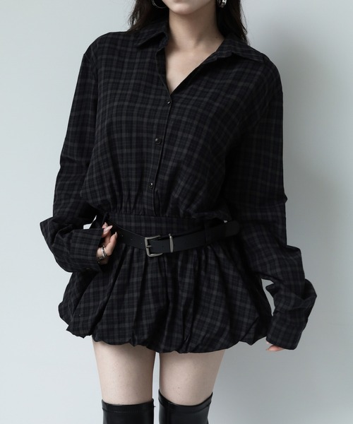 VEILA(ヴェイラ)の「チェックベルトシャツトップス(シャツ/ブラウス・レディース・グレー・フリー)」の1枚目の写真