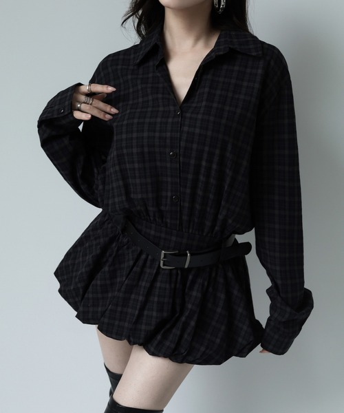 VEILA(ヴェイラ)の「チェックベルトシャツトップス(シャツ/ブラウス・レディース・グレー・フリー)」の4枚目の写真