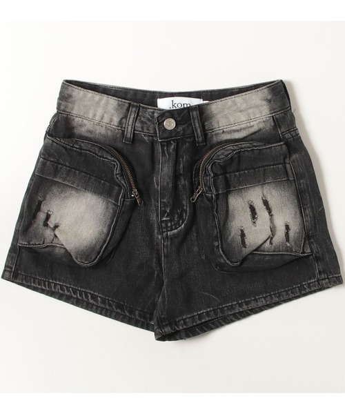 .KOM(ドットコム)の「A'GEM/9 × .kom 『.KOM/ドットケーオーエム』 Y2K Washed Big Pocket Denim Shorts/Y2K ウォッシュ加工 ビッグポケット デニムショートパンツ(デニムパンツ・レディース・ブラック・S)」の8枚目の写真
