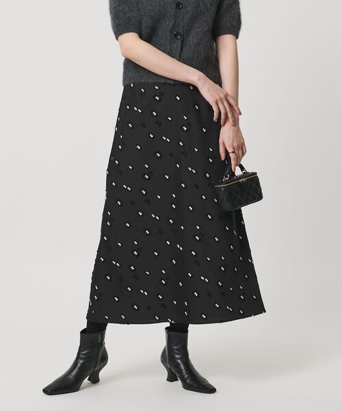 サテン フラワー ジャガード ロングスカート ブラック（スカート