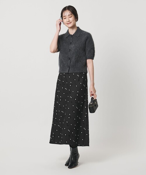 サテン フラワー ジャガード ロングスカート ブラック（スカート