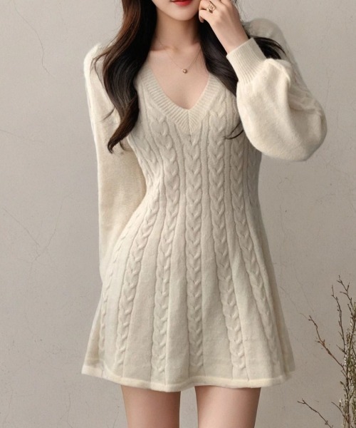 cammie(キャミー)の「ケーブル模様フレアミニワンピース(ワンピース・レディース・ブラック/アイボリー・L/M)」の6枚目の写真