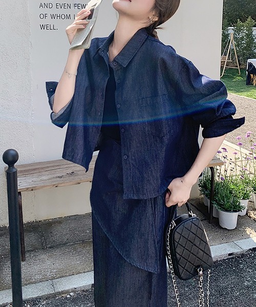 Girly Doll(ガーリードール)の「3点セット デニムシャツ×ワイドパンツ×ラップスカート(セットアップ・レディース・ダークブルー・L/M/S/XL)」の5枚目の写真