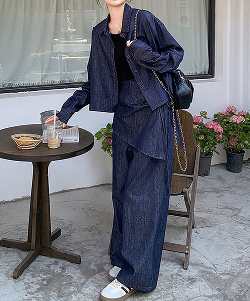 Girly Doll(ガーリードール)の「3点セット デニムシャツ×ワイドパンツ×ラップスカート(セットアップ・レディース・ダークブルー・L/M/S/XL)」の7枚目の写真