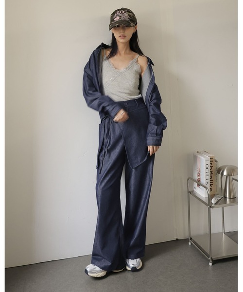 Girly Doll(ガーリードール)の「3点セット デニムシャツ×ワイドパンツ×ラップスカート(セットアップ・レディース・ダークブルー・L/M/S/XL)」の16枚目の写真