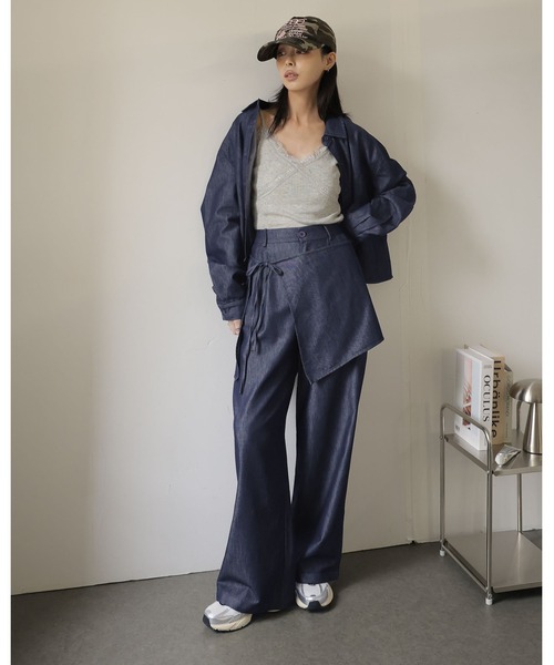 Girly Doll(ガーリードール)の「3点セット デニムシャツ×ワイドパンツ×ラップスカート(セットアップ・レディース・ダークブルー・L/M/S/XL)」の17枚目の写真