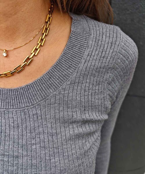 esutoreja（エストレジャ）の「Uネックリブニットトップス（ニット/セーター・レディース・ブラック/チャコール/ブラウン・FREE）」の16枚目の写真