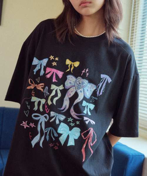 セール】DTPファンシーリボン半袖Tシャツブラック（Tシャツ/カットソー
