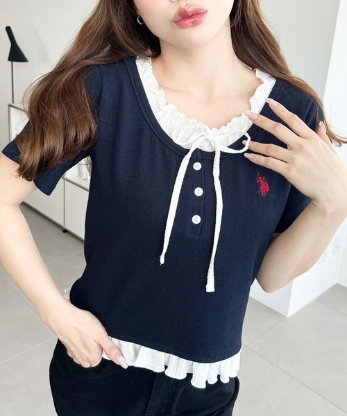 セール】U.S.POLO ASSN.ワンポイント刺繍ヘンリーネックレイヤード風