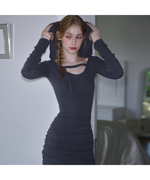 Eyelet Hood Shirring Mini Dress [Charcoal]