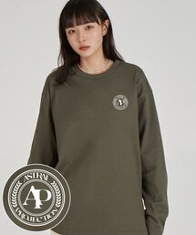 スポーティエンブレムラウンドネック13番手コットンロングスリーブTシャツ_カーキ