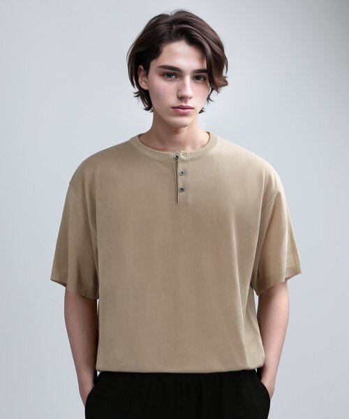 Henley neck half mesh-knit (beige) — хенли с полумеш вязкой, бежевый