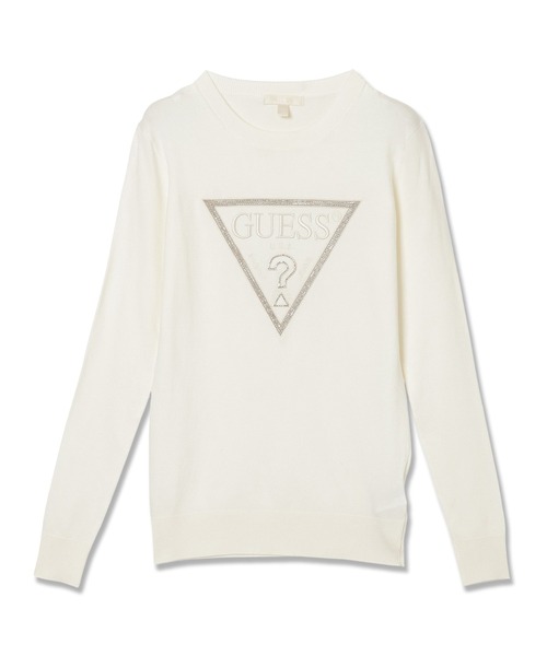 Guess(ゲス)の「Long Sleeves Crew Neck Sasha Triangle Logo Sweater ニットトップス(ニット/セーター・レディース・クリーム/ブラック・MEDIUM/LARGE/SMALL/X-SMALL)」の1枚目の写真