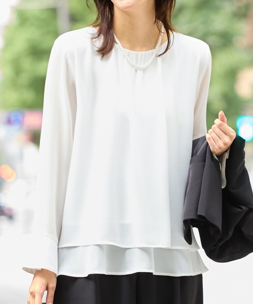 Viola e Viola（ヴィオラエヴィオラ）の「裾フレア裏地付きシフォンブラウス（シャツ/ブラウス・レディース・ネイビー/ホワイト・M/L/LL/3L）」の8枚目の写真