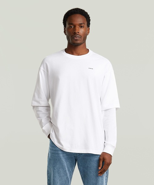 G-STAR(ジースター)の「Double Sleeve Loose T-Shirt/ダブルスリーブルーズオーバーサイズロングスリーブTシャツ/レイヤリングデザイン(Tシャツ/カットソー・メンズ・ホワイト/ダークブラック・X-SMALL/LARGE/SMALL/MEDIUM)」の1枚目の写真