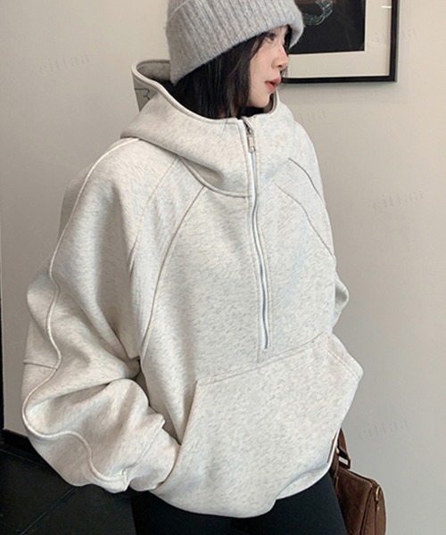 Dalfwin(ダールフィン)の「韓国ファッション RICECAKEフードロゴハーフジップフーディ(パーカー・レディース・ブラック/グレー・FREE)」の17枚目の写真