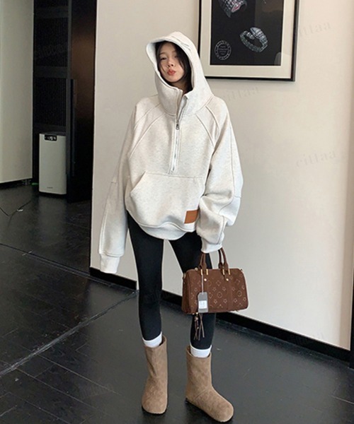 Dalfwin(ダールフィン)の「韓国ファッション RICECAKEフードロゴハーフジップフーディ(パーカー・レディース・ブラック/グレー・FREE)」の20枚目の写真