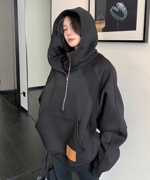 Dalfwin(ダールフィン)の「韓国ファッション RICECAKEフードロゴハーフジップフーディ(パーカー・レディース・ブラック/グレー・FREE)」の9枚目の写真