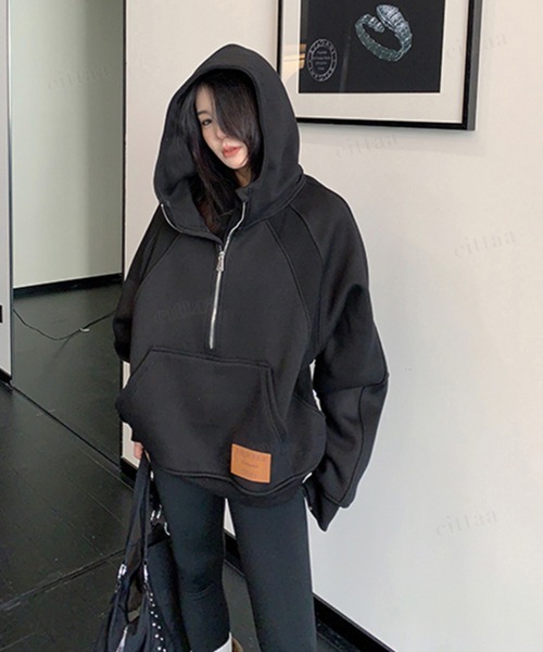 Dalfwin(ダールフィン)の「韓国ファッション RICECAKEフードロゴハーフジップフーディ(パーカー・レディース・ブラック/グレー・FREE)」の10枚目の写真