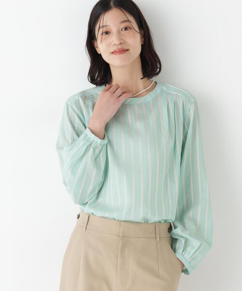 human woman(ヒューマンウーマン)の「◆【ウォッシャブル】ストライプボリュームブラウス(シャツ/ブラウス・レディース・グリーン系その他4/ブルー系その他3・MEDIUM)」の1枚目の写真