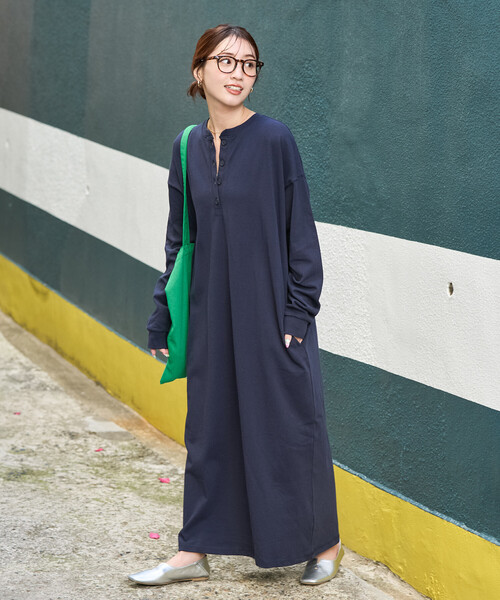 限定展開 USA コットン ヘンリーネック ロング スリーブ ワンピース