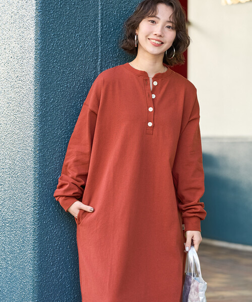 HOLIDAY 【SUPER FINE DRY】　ロングスリーブ　ワンピース セール】限定展開 USA コットン ヘンリーネック ロング スリーブ