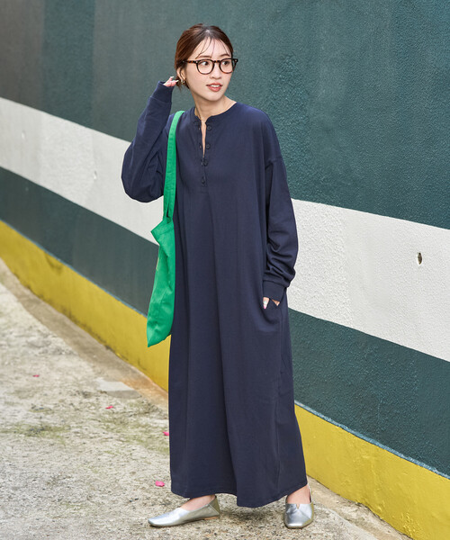 限定展開 USA コットン ヘンリーネック ロング スリーブ ワンピース