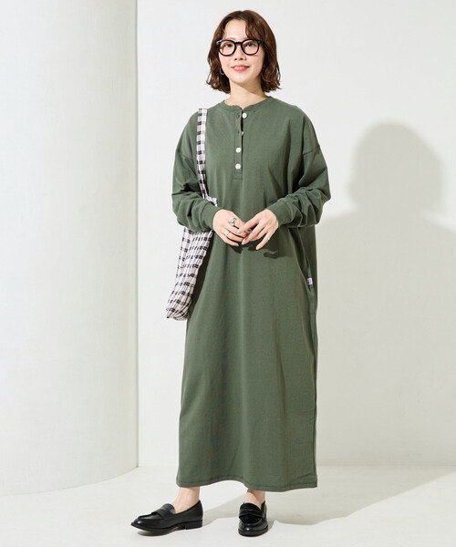 限定展開 USA コットン ヘンリーネック ロング スリーブ ワンピース