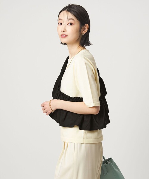 green label relaxing（グリーンレーベルリラクシング）の「フリル ドッキング 5分袖 ニット プルオーバー ウォッシャブル（ニット/セーター・レディース・オフホワイト/ブラック/モカ・FREE）」の17枚目の写真