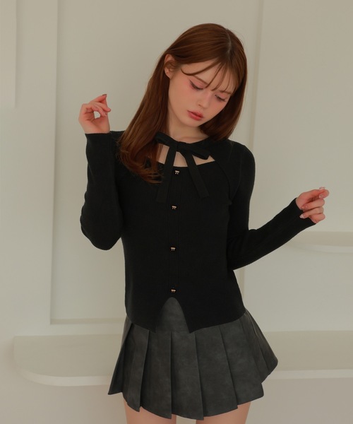 M DOLLY(エムドリー)の「ribbon open cut elise knit tops/リボンオープンカットエリスニットトップス(ニット/セーター・レディース・ブラック/アイボリー/グレー・FREE)」の12枚目の写真