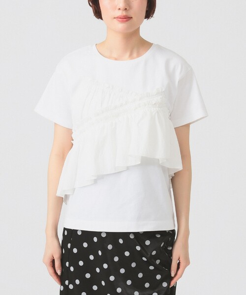 Ray BEAMS(レイビームス)の「アシメ ギャザー フリル Tシャツ(Tシャツ/カットソー・レディース・ホワイト/ブラック・ONE SIZE)」の11枚目の写真