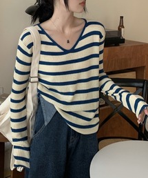 Vネックボーダーカットソー