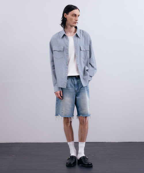 NUAKLE(ヌアクル)の「(m) ドライチェッククロップシャツ_スカイブルー(シャツ/ブラウス・メンズ・その他・1/2)」の1枚目の写真