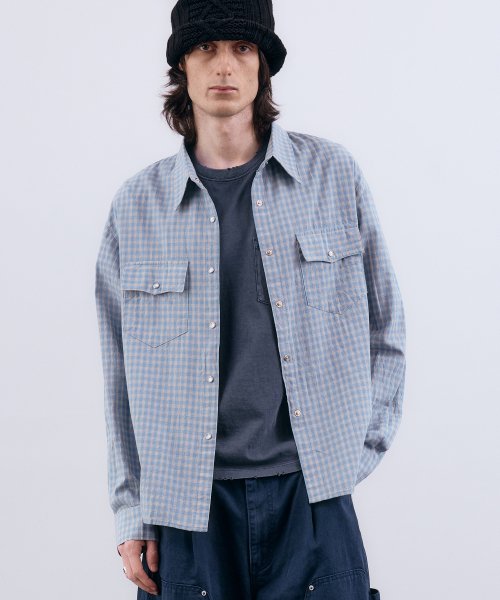 NUAKLE(ヌアクル)の「(m) ドライチェッククロップシャツ_スカイブルー(シャツ/ブラウス・メンズ・その他・1/2)」の2枚目の写真