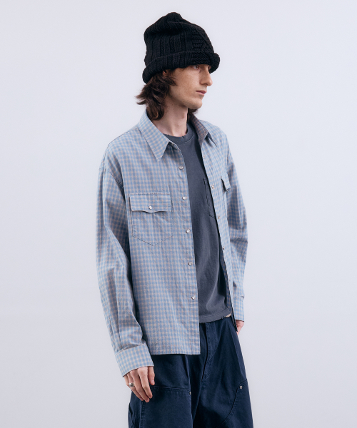 NUAKLE(ヌアクル)の「(m) ドライチェッククロップシャツ_スカイブルー(シャツ/ブラウス・メンズ・その他・1/2)」の3枚目の写真