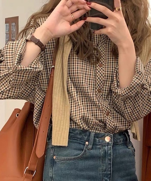 mielu(ミエル)の「レトロチェック柄シャツ(シャツ/ブラウス・レディース・ブラウン・LARGE/MEDIUM/SMALL/X-LARGE)」の8枚目の写真