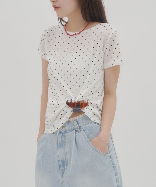 DISCOAT(ディスコート)の「【umm.】衿ギャザー半袖ドットプルオーバー(Tシャツ/カットソー・レディース・ブラック/ホワイト/オフホワイト/ミント・FREE)」の1枚目の写真