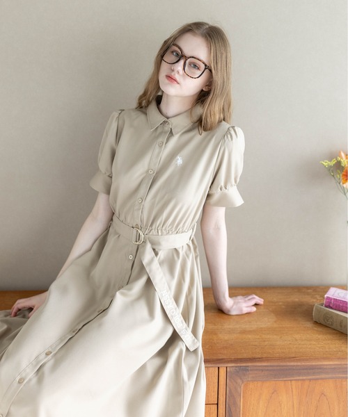 U.S. POLO ASSN.（ユーエスポロアッスン）の「【U.S. POLO ASSN.】clear 別注 ウエストベルトロングシャツワンピース（ワンピース・レディース・ベージュ/ネイビー・F）」の5枚目の写真