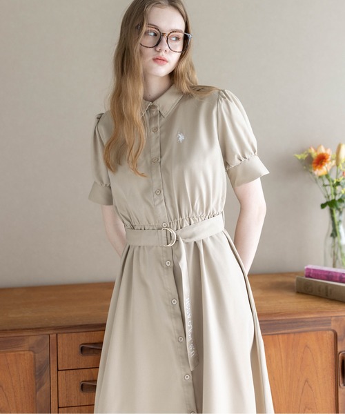 U.S. POLO ASSN.（ユーエスポロアッスン）の「【U.S. POLO ASSN.】clear 別注 ウエストベルトロングシャツワンピース（ワンピース・レディース・ベージュ/ネイビー・F）」の7枚目の写真